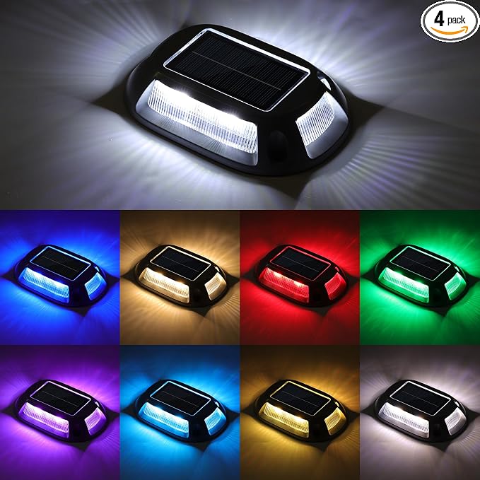 VOLISUN Solar Driveway Lights Dock Deck Lights 4 Pack,9 Colors in 1 Led IP67 Waterproof Outdoor Warning Step Lights for Driveway Sidewalk Pathway RGB