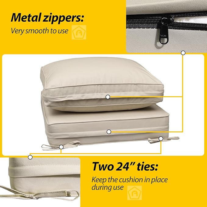 AAAAAcessories Outdoor Deep Seat Cushions with Double Welted Pillow, Waterproof, Fade-Resistant Patio Furniture Replacement Cushions, 23.5" x 25.5" x 5" + 23.5" x 19", Beige