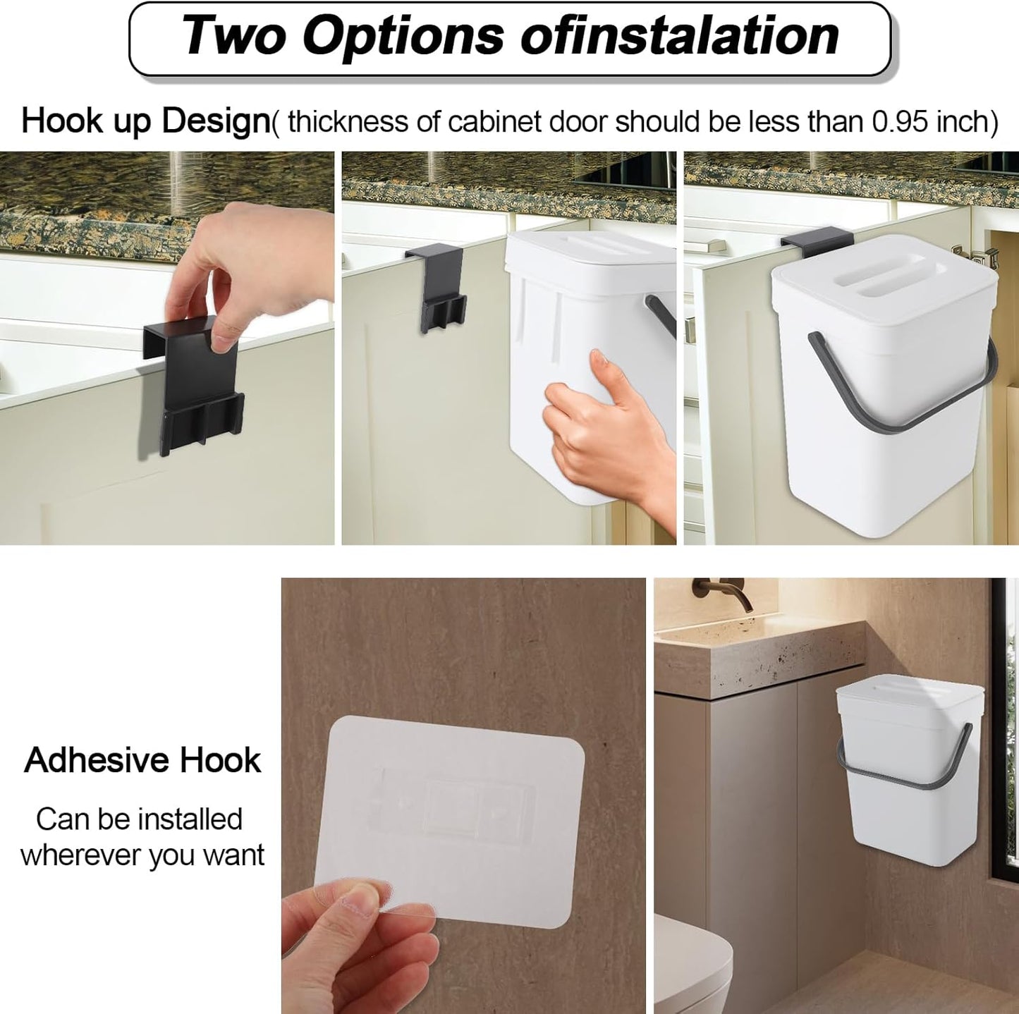 Compost Bin Kitchen, for use on Countertops or Under Sinks, Hanging Trash Can with Lid, for Cupboard/Bathroom/Bedroom/Office/Camping, Mountable Indoor Compost Bucket(White 1.3 Gallon/5L)