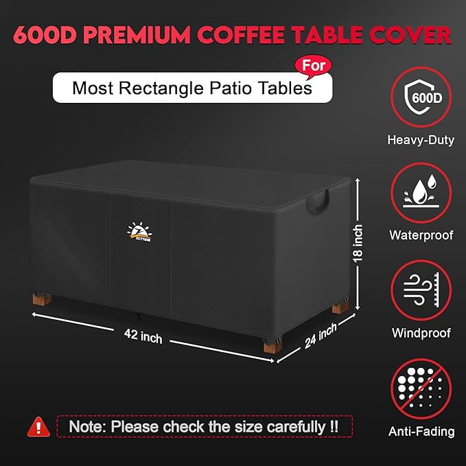 Zettum Outdoor Coffee Table Cover – Coffee Table Cover Rectangle Waterproof & Heavy Duty, Patio Table Covers for Side Tables, 600D Covers Provide All-Weather Protection - 42 x 24 x 18 Inch