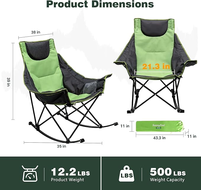 SUNNYFEEL Oversized Rocking Camping Chair, Fully Padded Patio Chair with Side Pocket, High Back Portable Lawn Recliner with Headrest, Outdoor Camp Rocker Chairs for Adults Heavy Duty 500 LBS Carry Bag