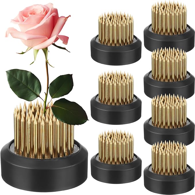 Sliner 8 Pcs 1.37 x 0.75 Inch Floral Frogs Round Brass Flower Holder Japanese Ikebana Vase Floral Frogs Arranger Flower Fixed Tools Pin for Flower Arrangement Home DIY Craft(Gold)