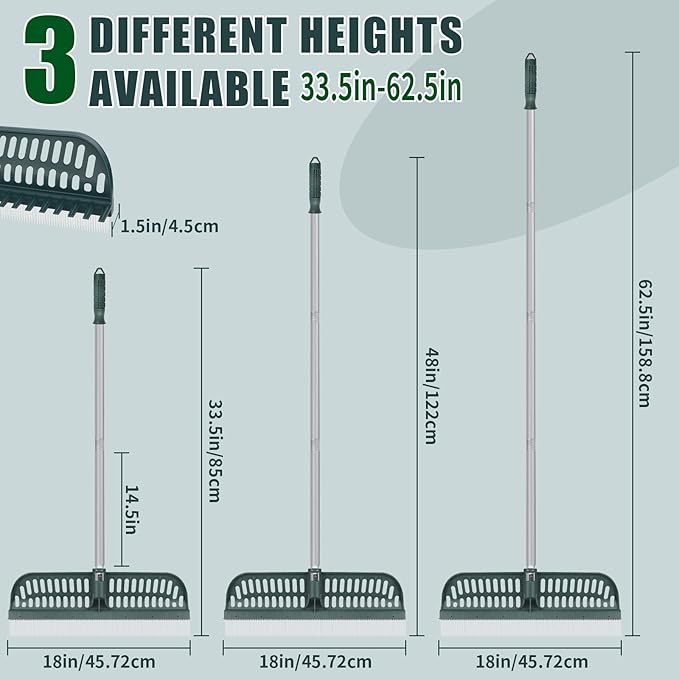 Artificial Turf Rake with 18in Widen Double-Sided Heads, 32-61 Inch Turf Brush Grass Rake for Artificial Grass, Turf Grass Broom for Garden Lawn Artificial Turf Leaves Pet Hairs