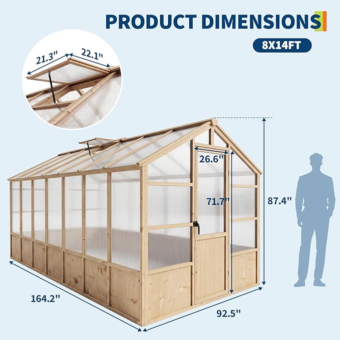 GarveeLife 8'x14' Wooden Greenhouse for Outdoor, Large Walk-in Greenhouse Kit with Ventilated Window, Door & Polycarbonate Panels, Heavy Duty Wood Frame Green House for Patio Garden Backyard