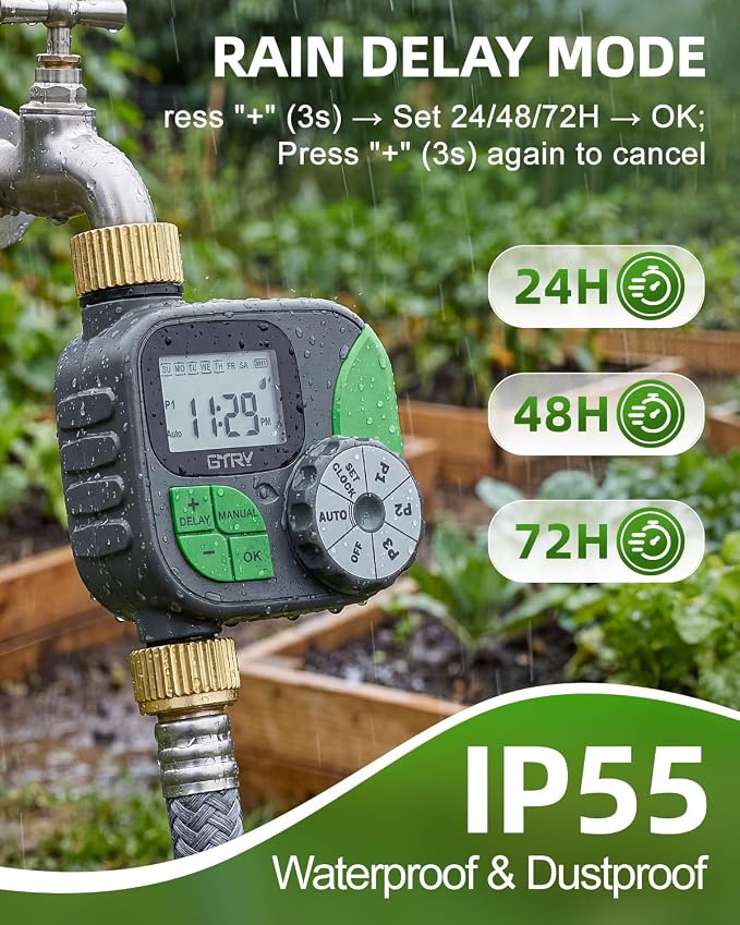 Brass Sprinkler Timer, IP55 Programmable Hose Water Timer with 3 Watering Program, Digital Watering System with Rain Delay & Manual Override, for Garden, Lawn, Yard Care - Green