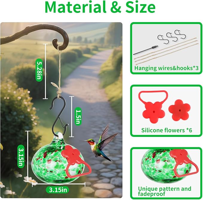 Pozfun Set of 3 Hummingbird Feeders for Outdoors Hanging,Hand-Blown Glass Hummingbird Feeder with Silicone Feeding Perch,Never Leak,Gardening Gifts for Woman Man(Green)