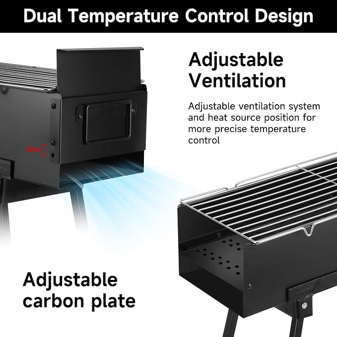 Charcoal Grill, Alloy Steel BBQ Barbecue Outdoor Grilling with Durable Support Frame and Dual Adjustable Vents for Tailgate Patio Beach Backyard(31.6x7.1x5.1 inch), Black