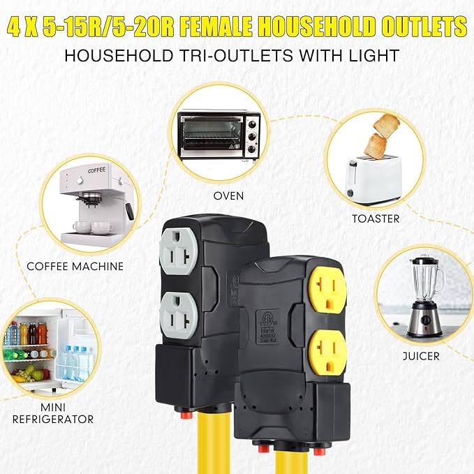 Kanayu 15FT 30 to 20 Amp 110V Generator Distribution Adapter Compatible with NEMA L14-30P to NEMA 4X 5-20R/ 5-15R, 4 Prong Generator Locking to Four Household Outlet with 20 Amp Circuit Breaker