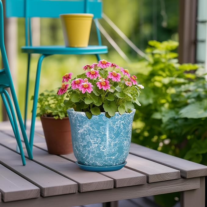 Ceramic Pots for Plants - 5.6 Inch Plant Pot with Drainage Hole and Saucer, Round Succulent Flower Orchid Pot for Indoor Outdoor, Modern Planter, Home Room Decor, Gift for Plant Lover, Blue