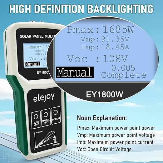 EY-1800W Solar Panel Tester MPPT Photovoltaic Panel Multimeter, Upgraded Measuring Range (5~1800W, 20~120V, 0~60A), Smart MPPT Tools for Testing Solar PV Panel Data and Troubleshooting