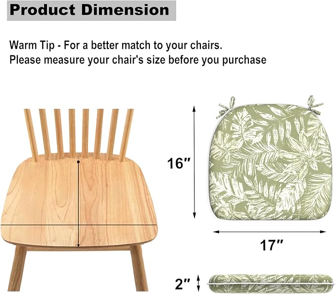 DYTXIII Set of 2 Outdoor Chair Cushions with Ties, Water Repellent Patio Chair Pads 17"x 16" for Outdoor Furniture, Round Corner Seat Cushions for Garden Yard Kitchen Tropical Leaf Green
