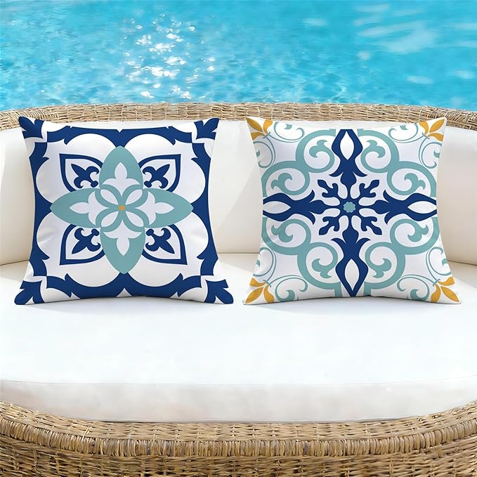NIGHTWISH Outdoor Waterproof Pillow Covers 16x16 Set of 4 Teal Boho Decorative Outdoor Throw Pillows Floral Cushion Cases for Patio Furniture Bench Couch Sunbrella