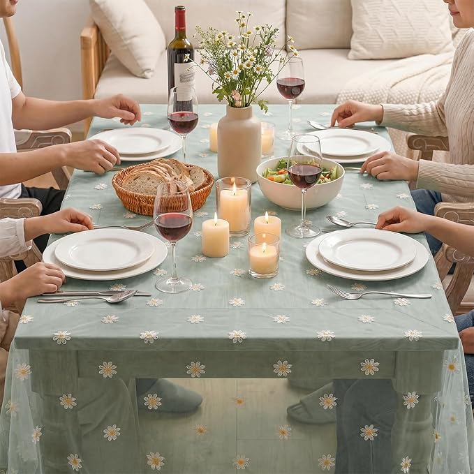 Horaldaily Green Embroidery Daisy Spring Summer Gauze Tablecloth 60×104 Inch Rectangular, Seasonal Tulle Table Cover, Garden Party Decorations for Wedding, Party, Holiday Dining