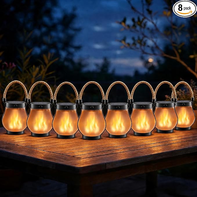 Solar Lanterns Outdoor Waterproof 8 Pack, Outdoor Solar Lanterns with Flickering Flame Effect, USB-C & Solar Charging, Auto Dusk to Dawn, Hanging Light for Garden Patio Yard