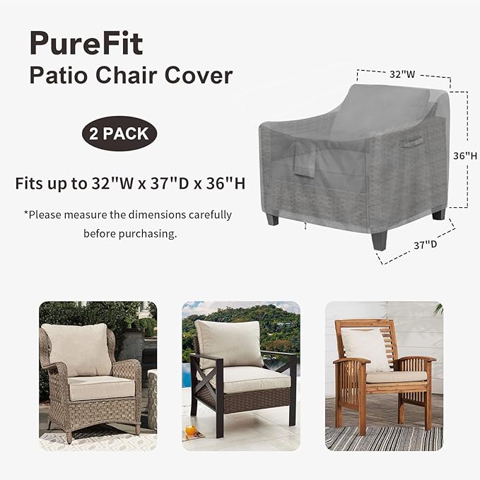 PureFit Outdoor Chair Covers Waterproof 2 Pack Patio Furniture Lawn Chair Covers for Outdoor Furniture with Air Vent and Padded Handles, Fits up to 32W x 37D x 36H Inches, Gray