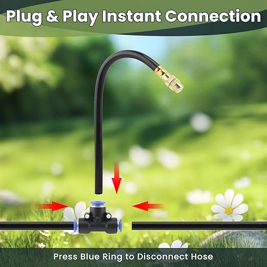 Automatic Drip Irrigation Kits - Garden Watering System with 360° Bendable Spray Adjustable Copper Atomizing Nozzles for Yard, Lawn, Raised Bed, Greenhouse, Potted Plants (15 Nozzles, 50FT Hose)