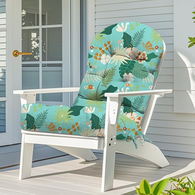 Adirondack Chair Cushion Waterproof Indoor Outdoor Rocking Chair Cushion 44 Inches Patio High Back Chair Cushions Thickened Adirondack Rocking Chair Cushions with Ties, Cyan Flower Leaves
