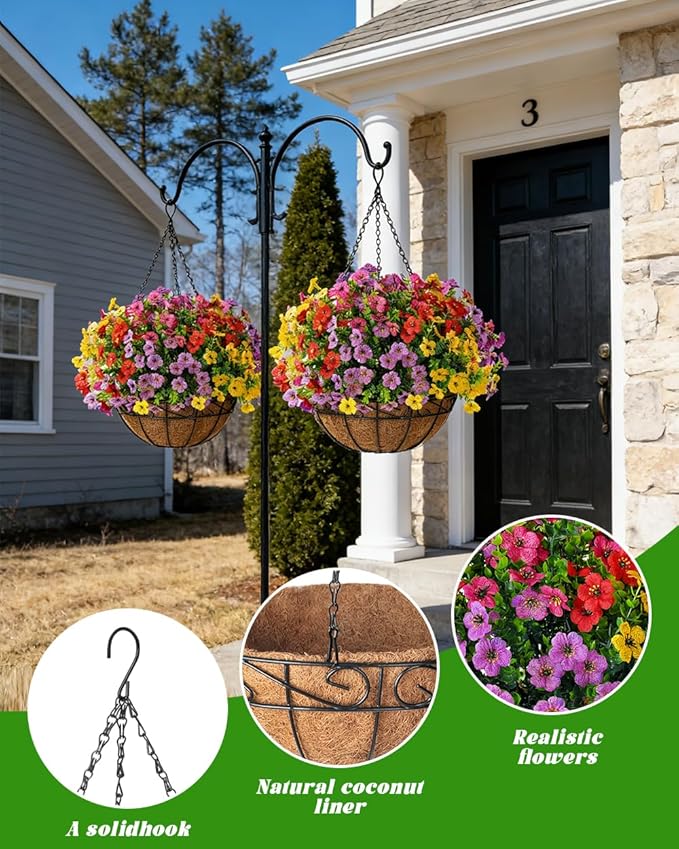 TDHDIKE Artificial Faux Fake Hanging Flowers Plants Basket for Summer Outdoor Outside Decoration UV Resistant Fake Silk Colorful Daisy Eucalyptus for Porch Patio Balcony Yard Garden Home Decor