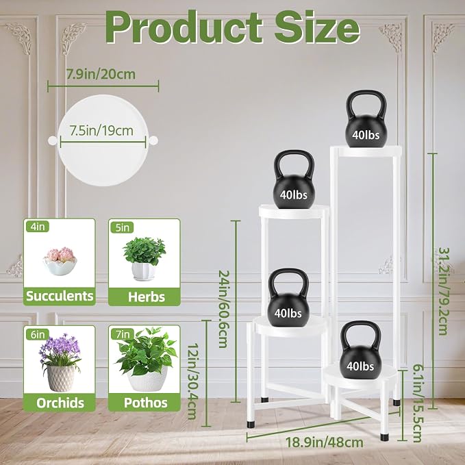 iDavosic.ly Plant Stand Indoor Outdoor, 4 Tier Corner Metal Flower Display Holder Shelf, Folding Tall Orchid Rack for Patio Balcony Porch Garden Living Room House, White