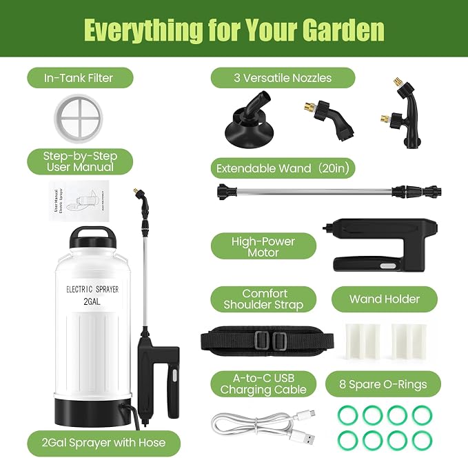 Battery Powered Sprayer 2 Gallon, Wide Mouth Electric Pump Sprayer with Upgraded Elevated Base and Thickened Anti-Abrasion Tank, Kink Proof Hose, Retractable Wand, 3 Nozzles Lawn and Garden