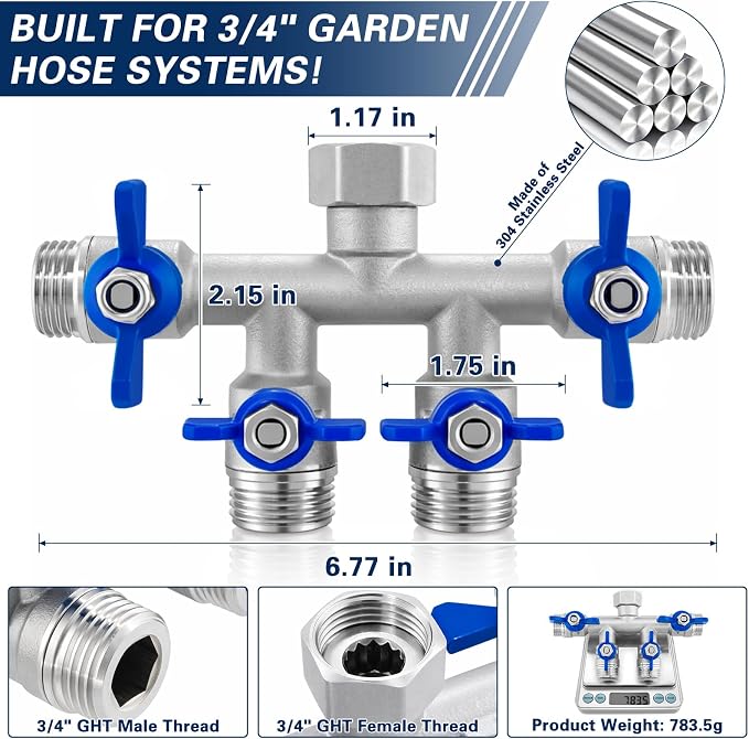 4 Way Garden Hose Splitter, 304 Stainless Steel Hose Splitter with 4 Shut-Off Valves, Heavy Duty Outdoor Faucet Adapter, 3/4" GHT Full Flow Hose Connector for Garden Irrigation