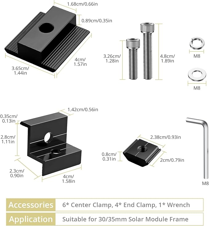 Anbte 10 PCS Solar Panels Brackets 30mm/35mm, Aluminium 6 x T-Shaped Mid Clamps + 4 x End Clamps, Solar Panel Mounting Brackets for Metal, Tin, Flat, Sheet Roofs, RV, Black