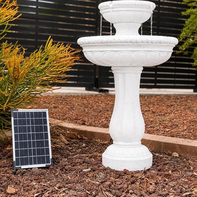 XBrand 39" 2-Tier Outdoor Freestanding Solar Water Fountain - Classic Design, White Resin Bird Bath with Pump - Ideal for Yard, Lawn and Garden, Porch Décor