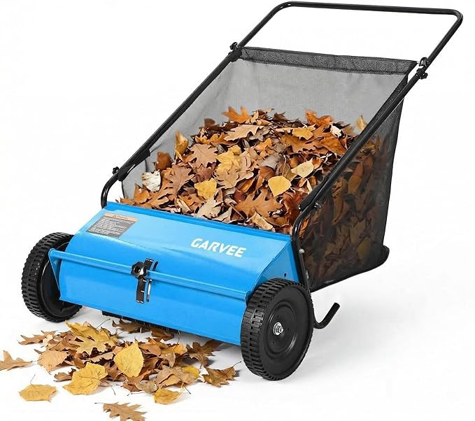 Push Lawn Sweeper 26in,Manual Push Leaf and Grass Sweeper,Heavy Duty Walk-Behind Lawn Sweeper,7ft³Removable Collection Bag,4 Rubber Wheels,Ideal for Garden, Park and Yard