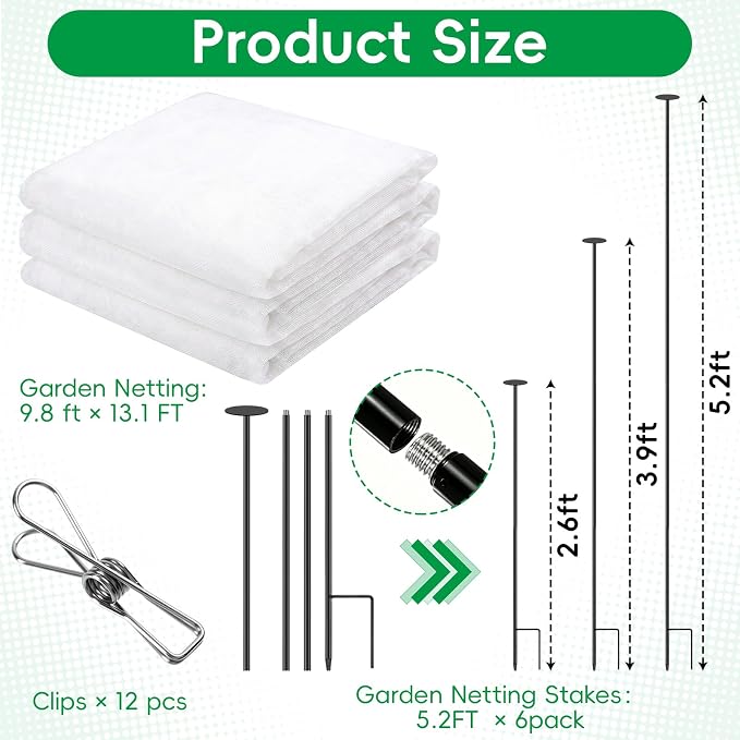 Metal Garden Netting Covers Kit for Raised Beds, 6 Pack 5.2FT Garden Poles Support Stakes with 10×13FT Insect Pest Barrier Plant Netting Mesh & 12 Clips for Vegetable Fruit Flower Garden Protection