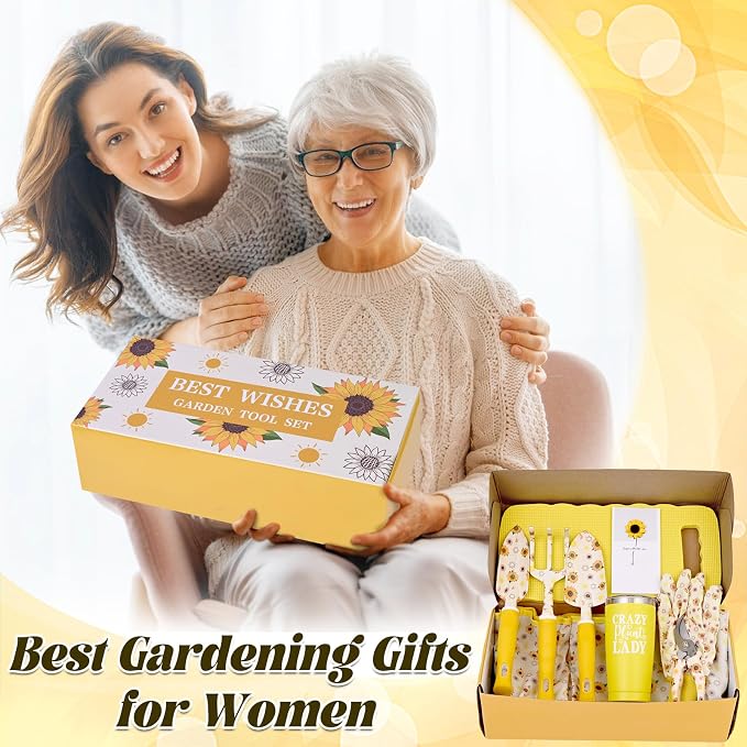 Gardening Gifts for Women, Gardening Tools for Women, 9 PCS Sunflower Garden Tools Set Kit with Garden Tool Bag, Mother's Day Birthday for Gardener Mom Grandma Aunt, Yellow