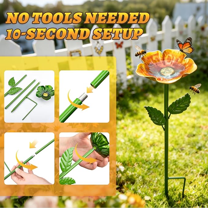 Mellbree Bee Watering Station, 4-Pack Metal Flower Bee Bath for Garden – Attract Butterflies & Pollinators – Colorful Outdoor Garden Stakes for Yard, Patio, Butterfly Garden – Gardening Essentials