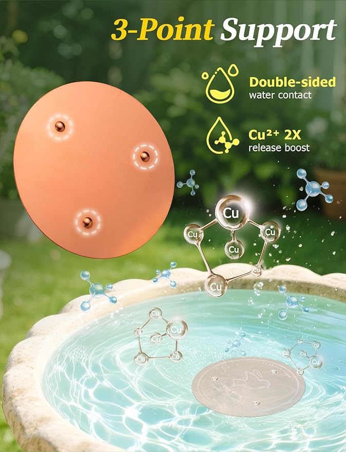 Mellbree 4-Pack Premium Copper Cleaning Discs, 0.6mm Thick 99.99% Pure Copper with Stable Triple-Point Support, All-Season Physical Water Care for Bird Baths