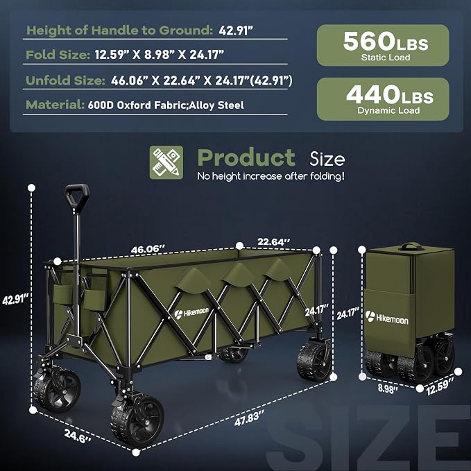 Hikemoon 300L Extra Large Wagons Carts Foldable, 560LBS Heavy Duty Collapsible Beach Wagon 48" Long with Big All-Terrain Wheels, Utility Folding Cart for Camping, Grocery, Sports, Garden, Green