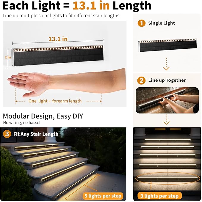 SHONELIGHTING Solar Step Lights for Outside, 33 Focused-Beam High-Brightness LEDs, Waterproof Aluminum Outdoor Stair Light for Risers, Curbsides, Poolsides, Planter Edges (Warm White, 1Pack)