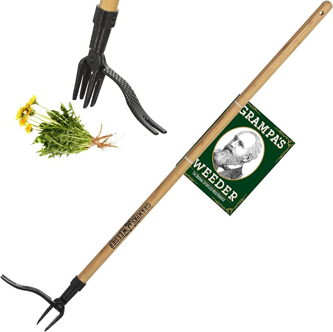 Grampa's Weeder & Garden Knife Bundle - Original Stand Up Weed Puller with Bamboo Handle & 4-Claw Steel Head + Versatile 7" Hori Hori Knife with Serrated & Straight Blade for Weeding, Digging, and Pla