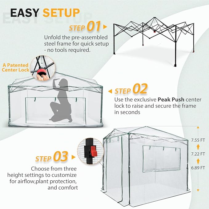 EAGLE PEAK 8x6 Portable Walk in Greenhouse, Pop Up Indoor Outdoor Greenhouse, Green House Kit with Zippered Roll-Up Doors and Windows, PE Cover, Clear/White