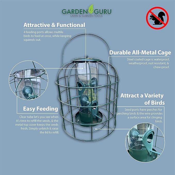 Garden Guru Squirrel Proof Bird Feeder – Outdoor Caged Tube Hanging Bird Feeder with 4 Perches for Small Wild Birds – Premium Coated Steel & Metal Seed Guard - Chew Proof, Weather Resistant