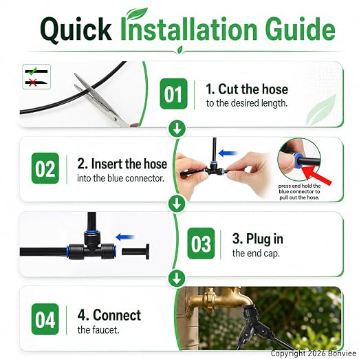 12-Pack 7.8" Drip Irrigation Parts, 360° Adjustable Brass Misting Nozzles with Pneumatic Quick Connect Tee Connectors, Replacement Upgrade Accessories Kit for 1/4" Garden Bed Watering System
