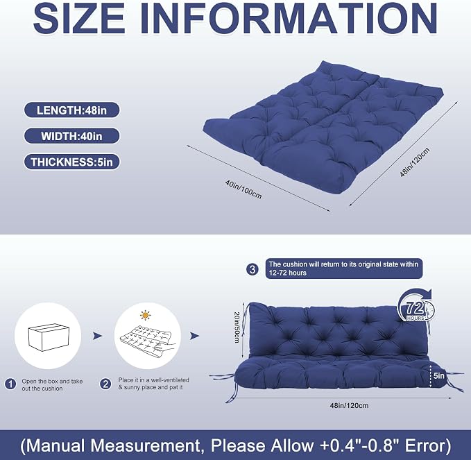 Porch Swing Cushions 48 inch Waterproof & Fade Resistant Thicken 5" Outdoor Swing Cushions 2 Seater Replacement with Backrest & Ties Patio Swing Cushions for Outdoor Furniture (Navy Blue)