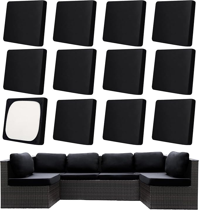12Pcs Patio Cushion Covers,Outdoor Cushions Covers,Stretch Cushion Covers Replacement, Washable and Reusable Furniture Protectors(Black)