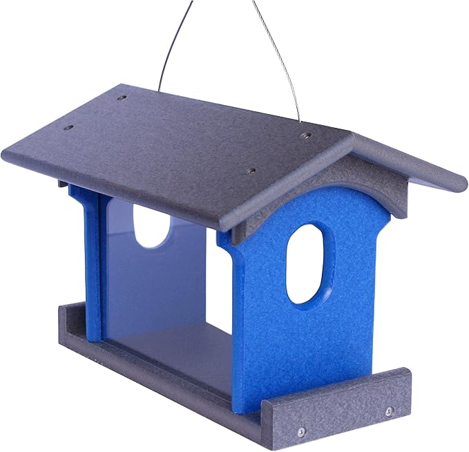Bluebird Feeder - Poly Lumber - Hanging Blue Bird Feeder for Mealworms (Gray and Blue)