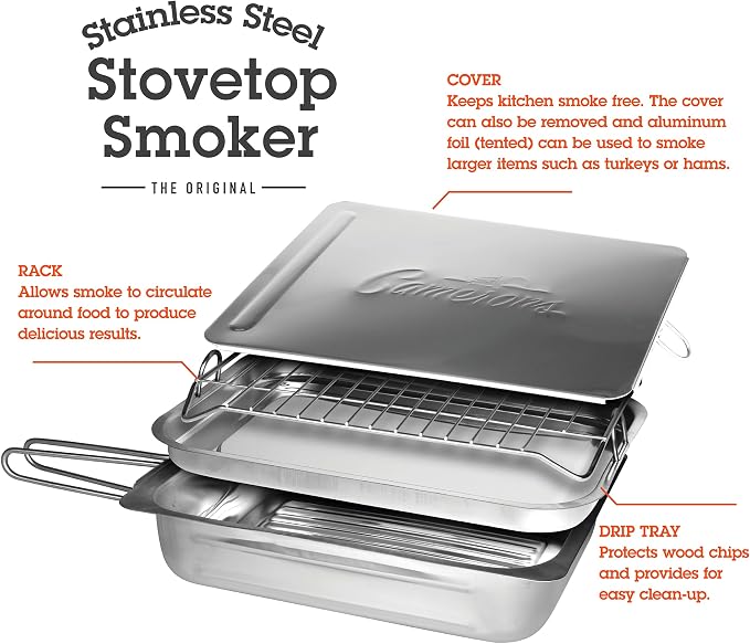 Camerons Large Stovetop Smoker - Stainless Steel BBQ Smoker Box w/Hickory & Oak Wood Chips & Recipe Guide - Indoor Outdoor Use on Any Heat for Smoking Meats, Veggies & Seafood - Grilling Gift for Men
