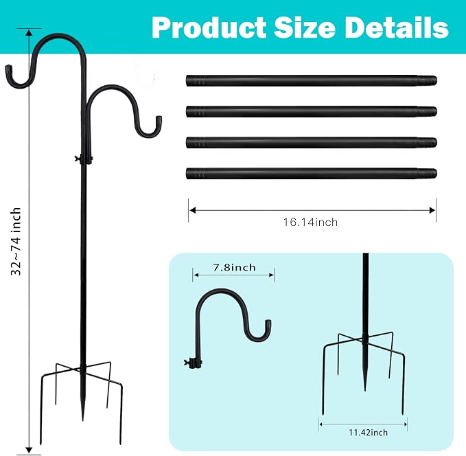 74“ Shepherds Hooks for Outdoor - 3/4 Inches Thick Bird Feeder Pole with 5-Prong Base, Wind Chimes Hanger for Garden, Patios, Backyard | Rust-Resistant Metal Pole (Black)