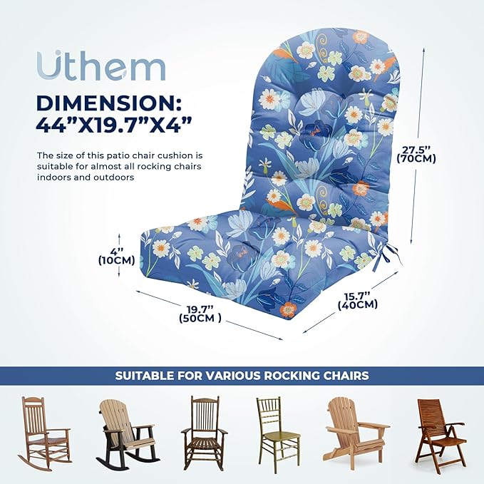 Adirondack Chair Cushion Waterproof Indoor Outdoor Rocking Chair Cushion 44 Inches Patio High Back Chair Cushions Thickened Adirondack Rocking Chair Cushions with Ties, Blue Peony