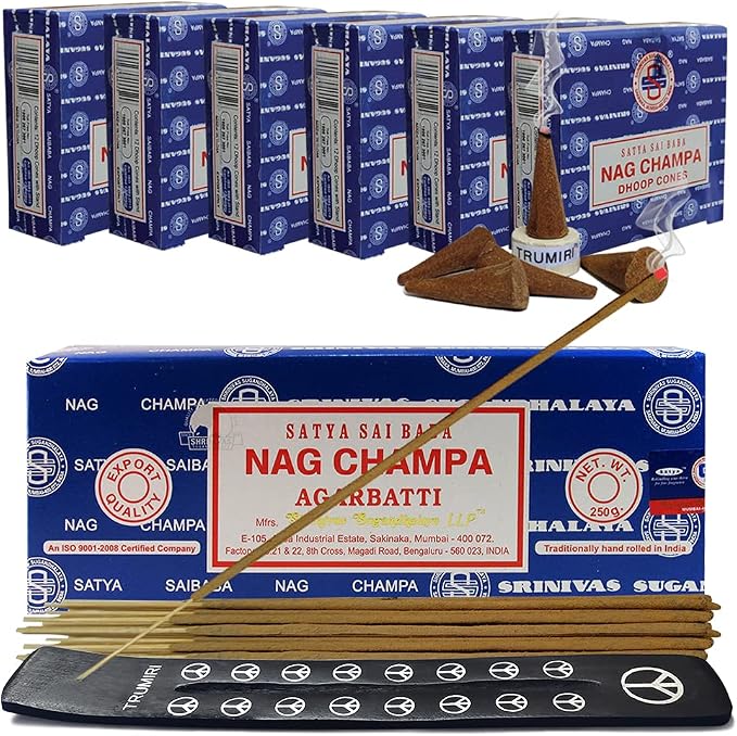Nag Champa Incense Sticks 250g and Cones Variety Pack with Burner Holder Bundle from Satya Incense 250g Trumiri for Smudging and Aroma