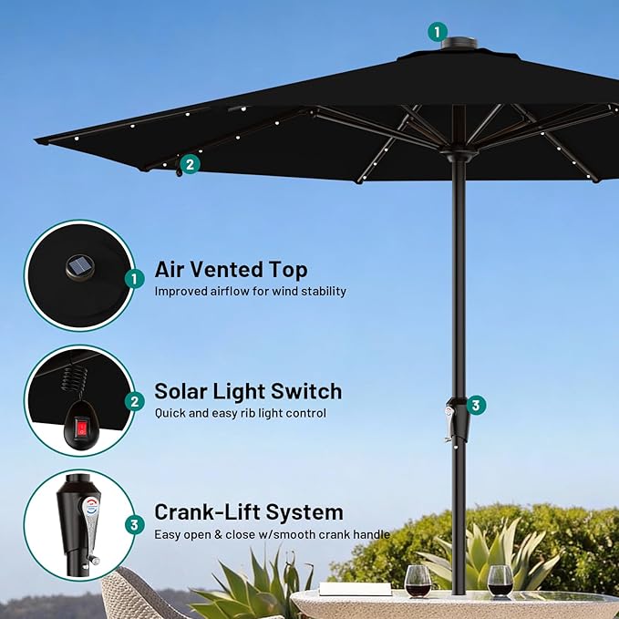 AreShark 11FT Large Patio Umbrella with Solar Lights, Lighted Solar Umbrella with Crank, Outdoor Table Market Umbrellas for Garden, Deck, Backyard, Pool and Beach, Black