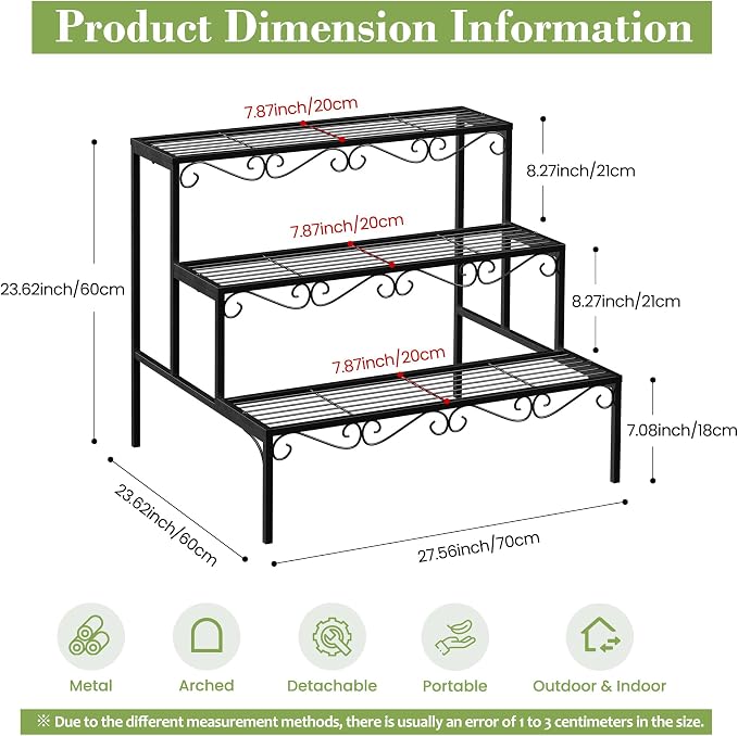 Plant Pot Stand Shelf, 3 Tier Flower Ladder Display Rack, Metal Succulent Plants Storage Holder for Outdoor and Indoor, Black