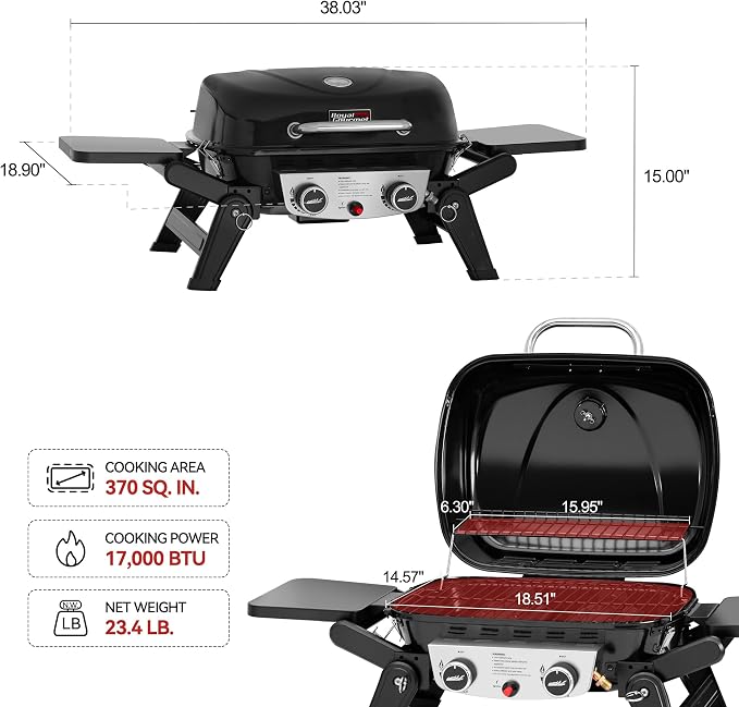 Royal Gourmet GT2005 2 Burner Portable Propane Gas Grill with Foldable Side Tables & Foldable Support Legs, Tabletop Gas Grill with Warming Rack for Outdoor Cooking & Grilling, Black