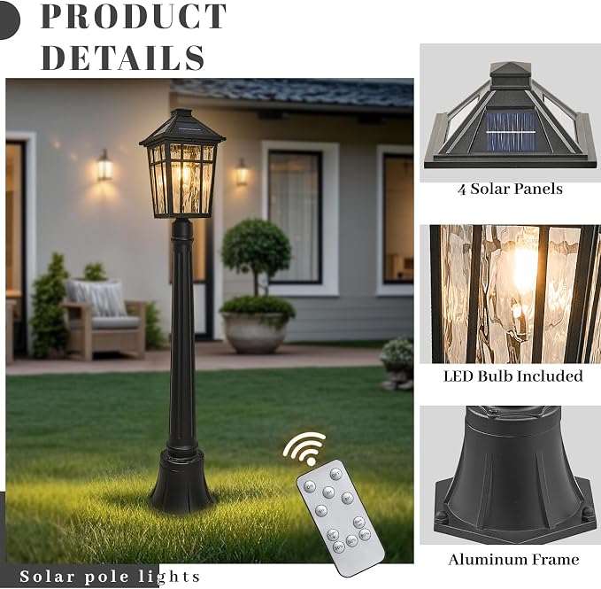Solar Lamp Post Light 40.5 Inch Lamp Post Outdoor Lighting Waterproof Aluminum Material with Water Ripple Glass Black Solar Pillar Lights for Garden Lawn and Pathway
