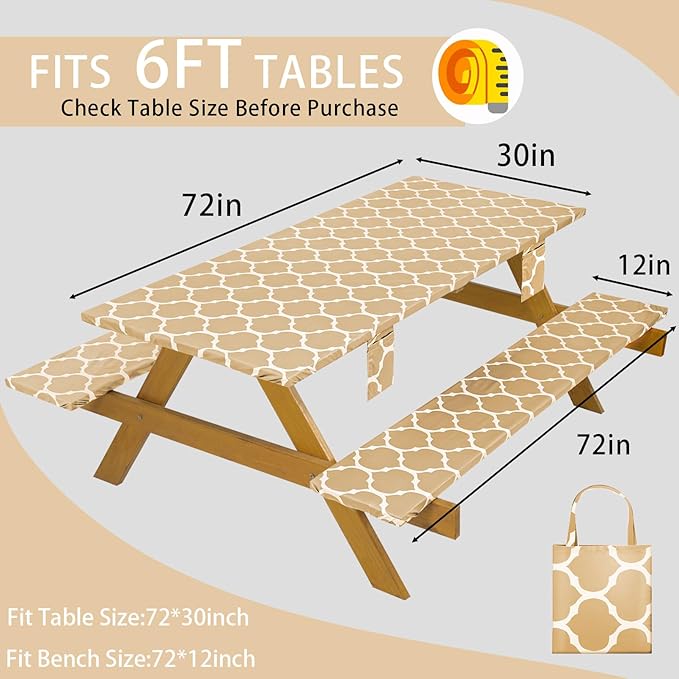 Fitted Waterproof Picnic Table Cover with Bench Covers Elastic Edges Camping Tablecloth for 6 Foot Rectangle Tables Camp Cooking Motorhome Party Equipment Car Rv Travel Trailer Needs Gifts